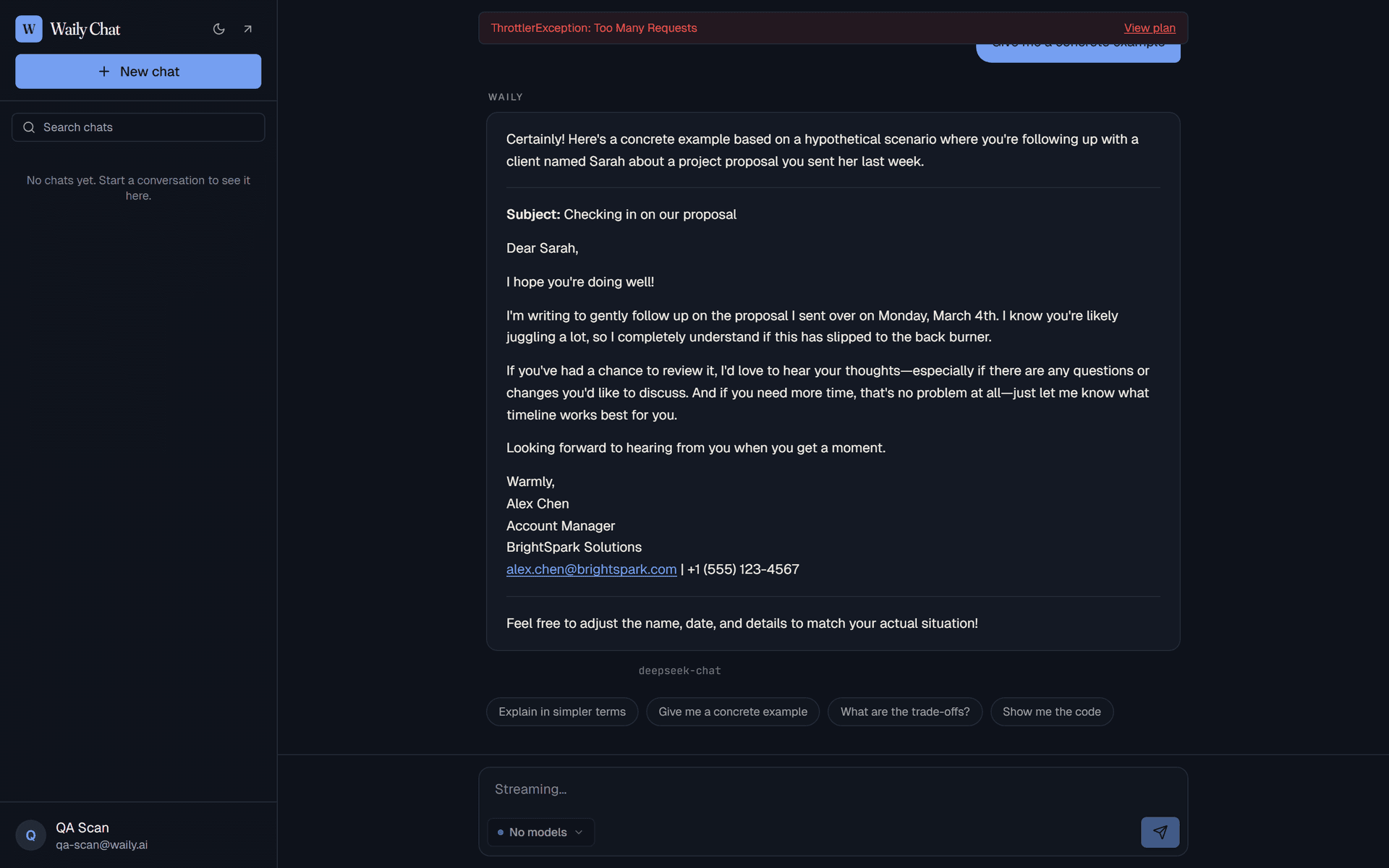 The web chat at chat.waily.ai streaming a reply