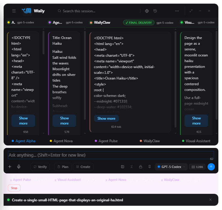 The Waily desktop app finishing a mission: four agent columns, a FINAL DELIVERY badge, and the produced HTML file attached at the bottom